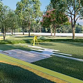 Scenic Park Landscape With Lush Trees Yellow Pathways Circular Fountain And Green Lawns
