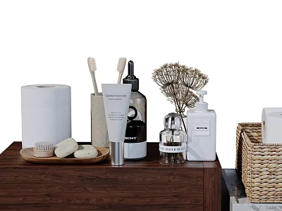 Modern Bathroom Set With Wooden Countertop Toiletries Toilet Paper Towel Basket And Dried Flowers 3d model
