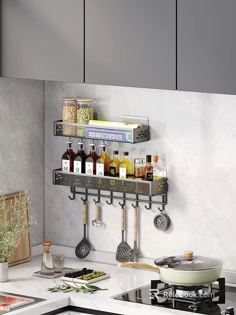 Modern Kitchen Wall Mounted Storage Rack With Spices Jars Bottles And Hanging Utensils 3d model 