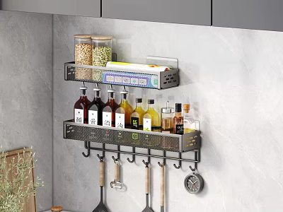 Modern Kitchen Wall Mounted Storage Rack With Spices Jars Bottles And Hanging Utensils 3d model