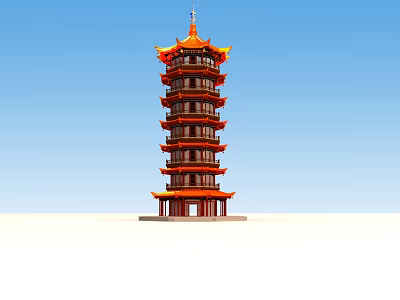 Traditional Chinese Multi Tiered Pagoda With Red Orange Overhanging Eaves And Ornate Top 3d model