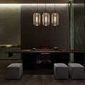 Elegant Private Dining Room With Round Table Green Chairs Pendant Lights And Wall Art