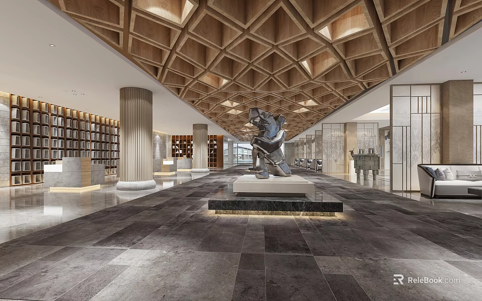 Elegant Exhibition Hall Interior With Wooden Geometric Ceiling Large Sculpture Marble Flooring And Bookshelves 3d model 