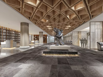 Elegant Exhibition Hall Interior With Wooden Geometric Ceiling Large Sculpture Marble Flooring And Bookshelves 3d model
