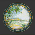 Round Decorative Metal Tin With Green Palm Tree Beach Scene Lover's Pacific Islands Design