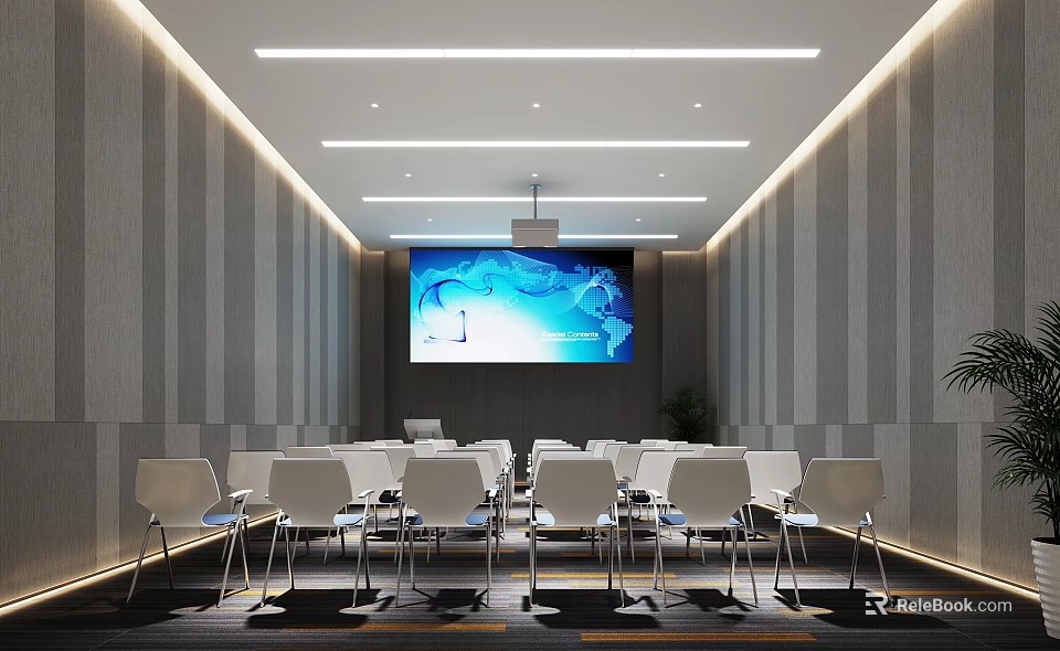 Modern Conference Room With White Chairs Large Screen Ceiling Lighting And Gray Walls 3d model 