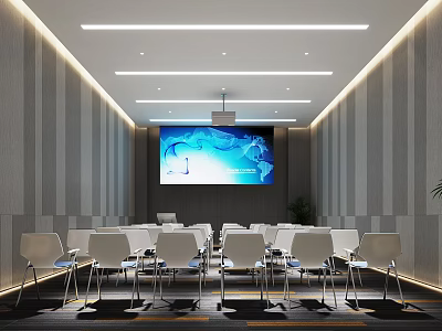 Modern Conference Room With White Chairs Large Screen Ceiling Lighting And Gray Walls 3d model