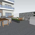 Terrace Garden Landscape With Wooden Deck Tables Chairs Green Plants And Stone Wall