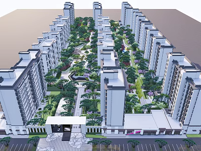 Residential Community With High Rise Buildings Central Green Landscape Tree Lined Paths And Entrance Plaza 3d model