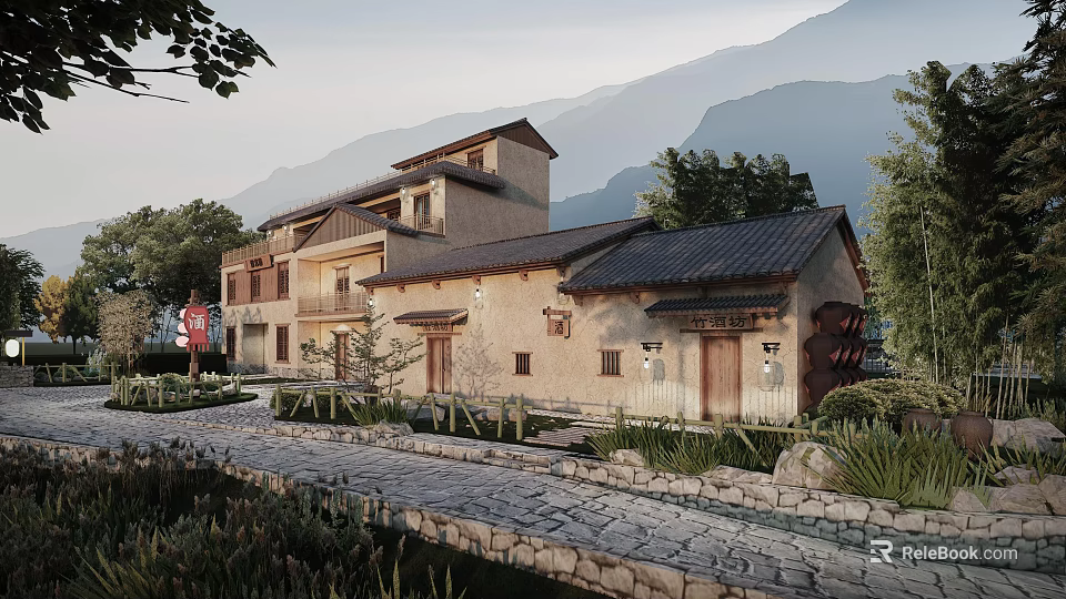 Traditional Rural Self Built House With Tiled Roof Stone Path And Mountain View 3d model 
