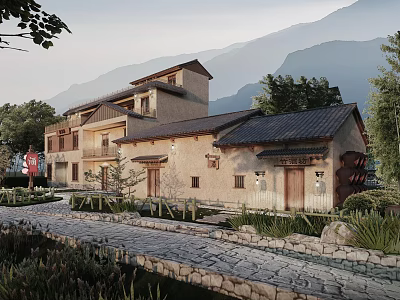 Traditional Rural Self Built House With Tiled Roof Stone Path And Mountain View 3d model