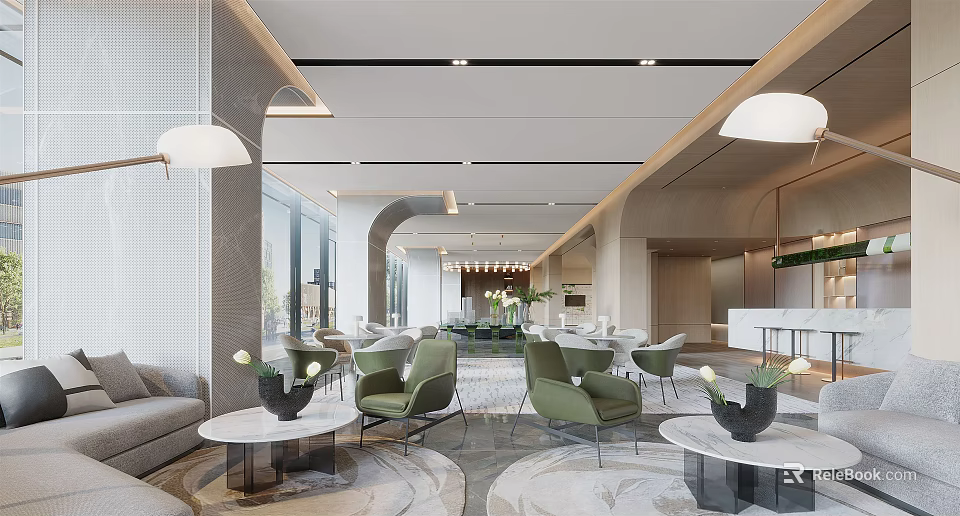 Modern Sales Office Interior Design With Green Chairs Round Tables And Decorative Plants 3d model 