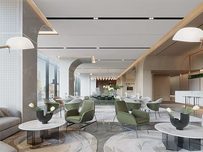 Modern Sales Office Interior Design With Green Chairs Round Tables And Decorative Plants 3d model