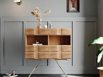 Wooden Console Cabinet With Drawer Open Shelf And Decorative Vase Dried Flowers In Modern Entryway 3d model