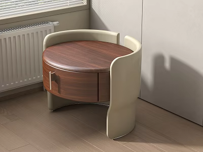 Modern Curved Bedside Table With Wooden Top Beige Upholstered Sides And Drawer 3d model