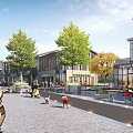 Vibrant Commercial Street With Pedestrians Green Trees Seating Areas And Modern Shops