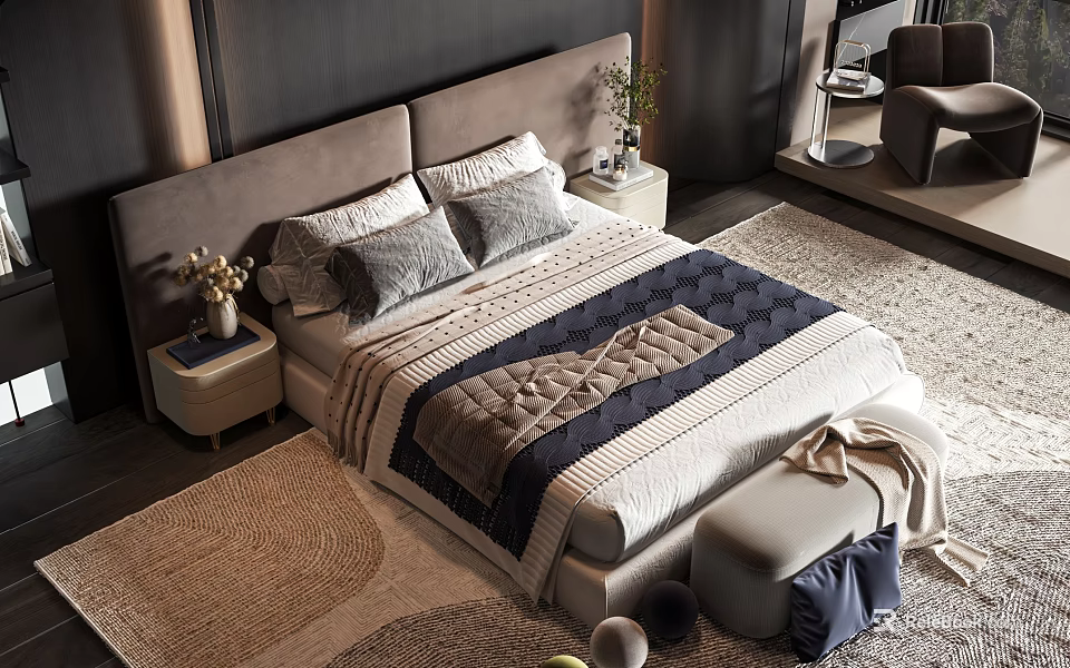 Stylish Double Bed with Padded Headboard Grey Pillows Blue Quilt Nightstand Plant on Soft Rug 3d model 