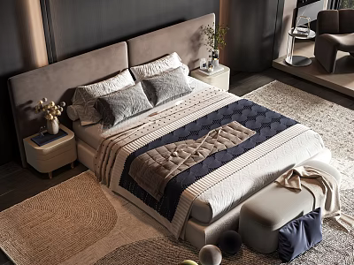 Stylish Double Bed with Padded Headboard Grey Pillows Blue Quilt Nightstand Plant on Soft Rug 3d model