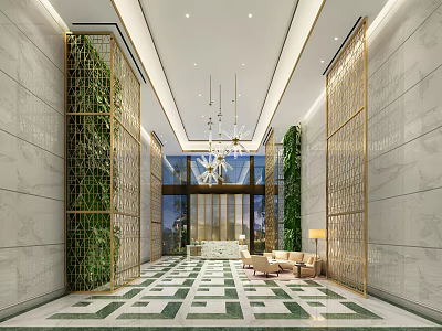 Elegant Hotel Lobby Interior Design With Marble Floor Green Plant Walls and Golden Decor 3d model
