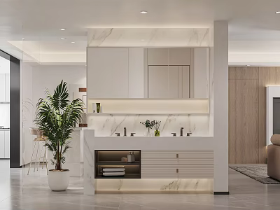 Modern Bathroom Interior Design With Marble Countertop White Cabinets And Potted Plant 3d model
