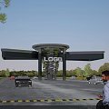 Modern Entrance Gate With Logo And Vehicles Near Pedestrians And Green Trees