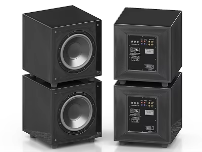 Four Stacked Black Audio Speakers Featuring Subwoofer Units And Rear Control Panels 3d model