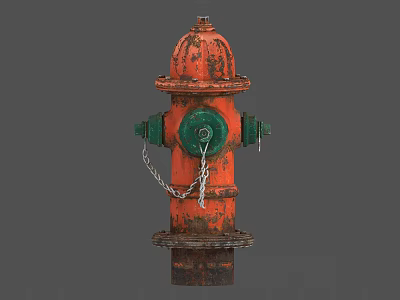 Red Rusty Fire Hydrant With Green Components And Hanging Metal Chain 3d model