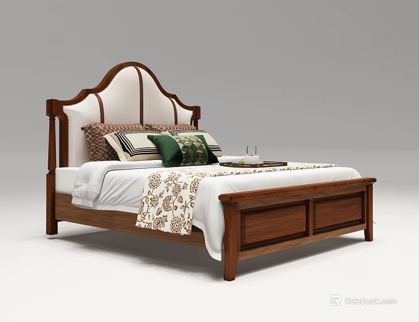 Classic Wooden Double Bed with Upholstered White Headboard and Bedding Pillows 3d model 