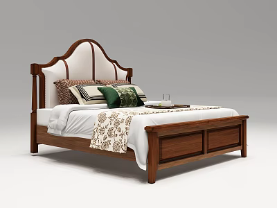 Classic Wooden Double Bed with Upholstered White Headboard and Bedding Pillows 3d model