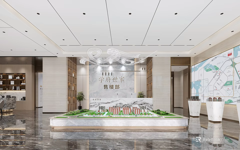 Modern Elegant Property Sales Office Lobby With Real Estate Sand Table And Marble Reception Desk 3d model 