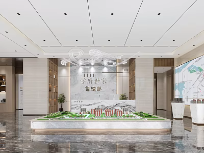 Modern Elegant Property Sales Office Lobby With Real Estate Sand Table And Marble Reception Desk 3d model