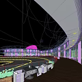 Modern Commercial Street Featuring Curved Architecture Waterfront Deck Outdoor Seating And Pedestrians