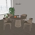 Round Wooden Dining Table with Four Light Beige Chairs Modern Interior Green Plant Window View