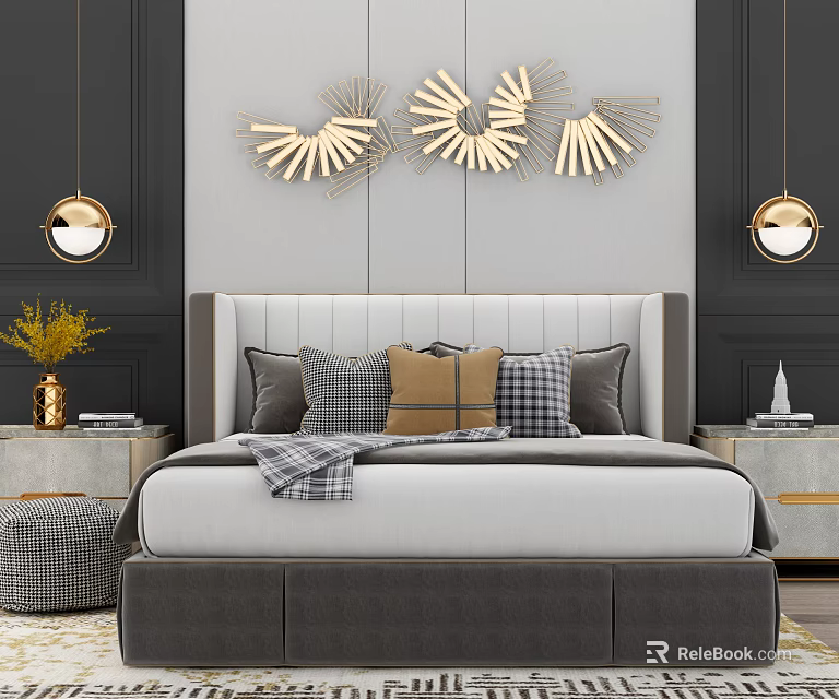 Modern Bed in Background with Gray Headboard Plush Pillows Golden Fan Decor and Pendant Lights 3d model 