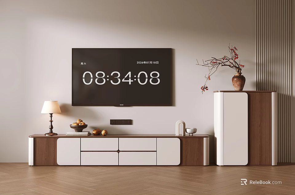 Modern Wooden White TV Stand With Lamp Fruit Bowl Decor Light Wall And Tall Cabinet 3d model 