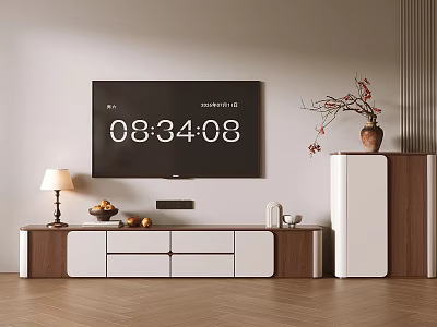 Modern Wooden White TV Stand With Lamp Fruit Bowl Decor Light Wall And Tall Cabinet 3d model