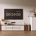 Modern Wooden White TV Stand With Lamp Fruit Bowl Decor Light Wall And Tall Cabinet