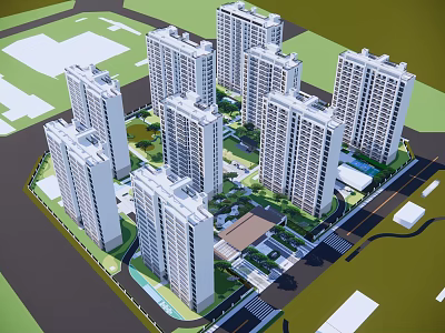 Modern High Rise Residential Complex With White Buildings Green Spaces And Courtyards 3d model