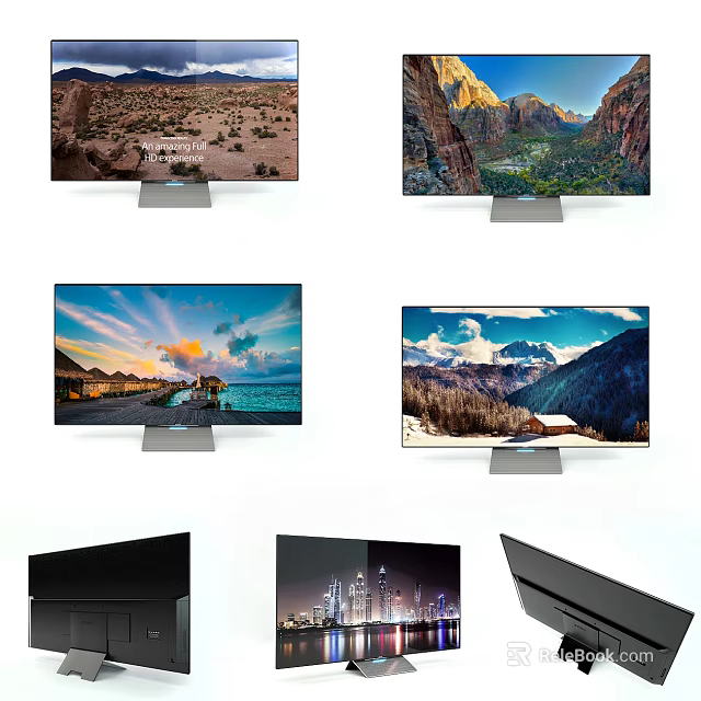 Multiple Televisions Displaying Natural Landscapes City Night Views With Sleek Stands 3d model 