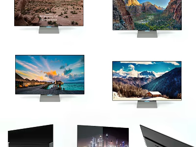 Multiple Televisions Displaying Natural Landscapes City Night Views With Sleek Stands 3d model