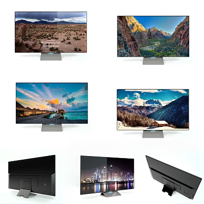 Multiple Televisions Displaying Natural Landscapes City Night Views With Sleek Stands 3d model