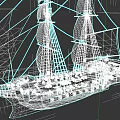 Vintage Wooden Sailing Ship Model With White Sails Multiple Masts And Cannons