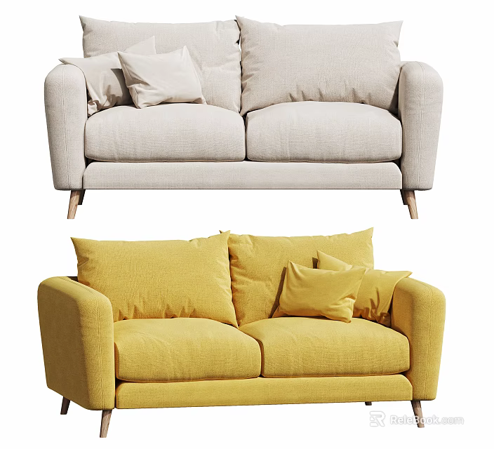 Light Gray And Yellow Modern Two Seater Sofa With Soft Cushions And Wooden Legs 3d model 