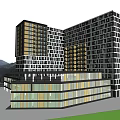 Modern Office Building Exterior Design With Glass Curtain Wall Square Windows And Green Landscape