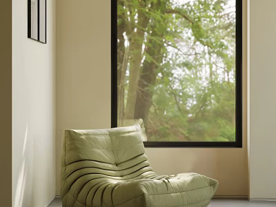 Light Green Bean Bag Chair Placed By Window With Green Trees Natural View 3d model