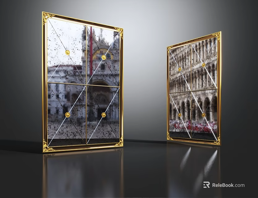 Two Decorative Mirrors With Golden Frames Reflecting Classical Architecture Design 3d model 