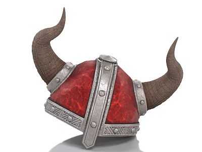 Viking Style Red Helmet With Brown Horns Silver Decorations Metal Rivets And Intricate Patterns 3d model