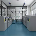 Modern Laboratory Interior With Blue Flooring Glass Partitions White Cabinets And Long Tables
