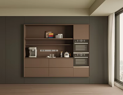 Modern Brown Sideboard with Open Shelves Drawers Built-in Ovens and Decorative Items in Minimalist Space 3d model