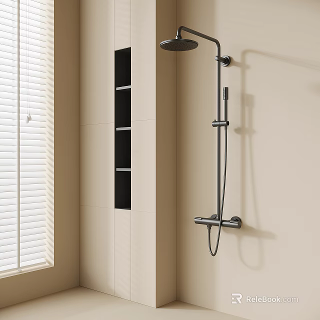 Modern Wall Mounted Shower Faucet With Handheld Spray And Black Shelf On Beige Tile Wall 3d model 